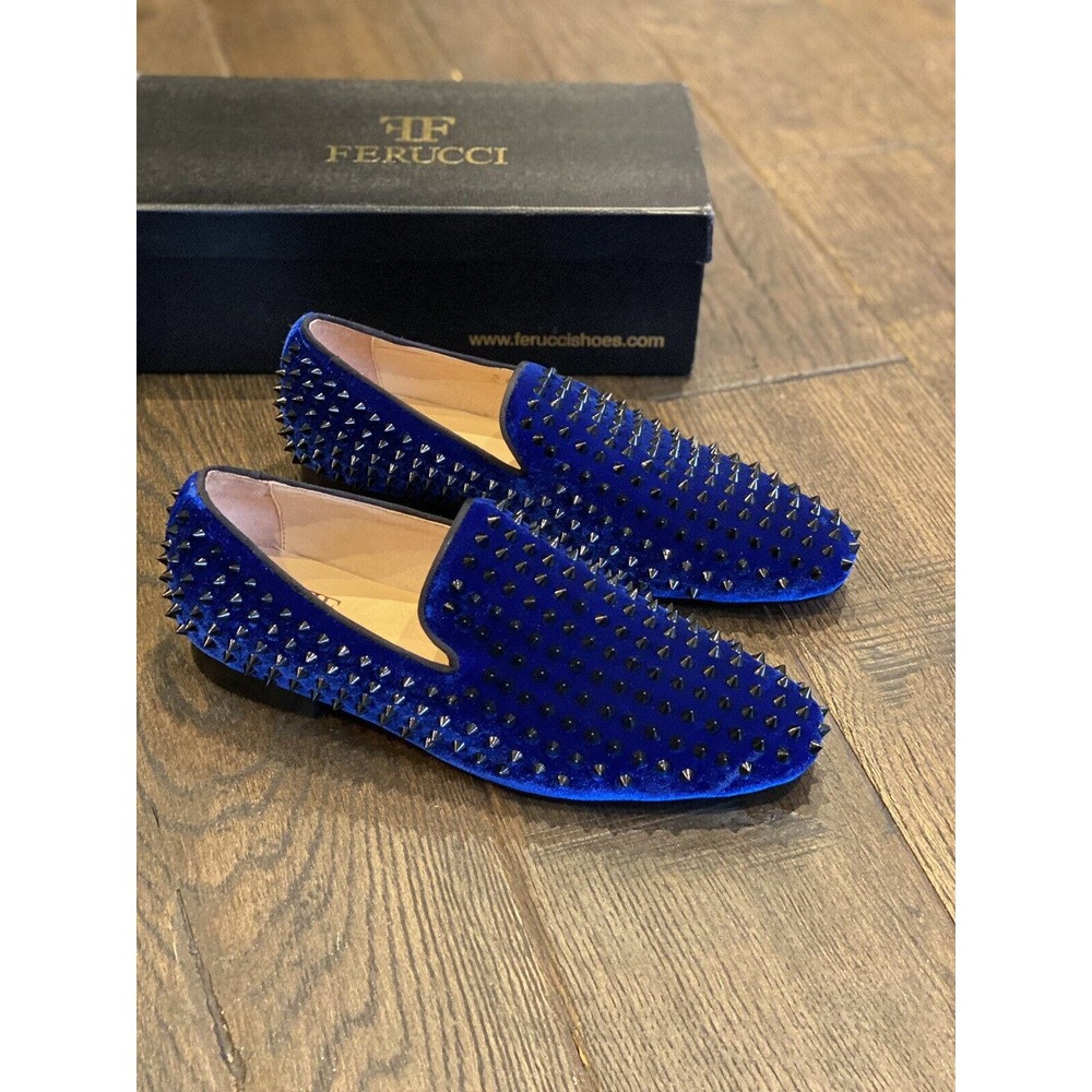 Men FERUCCI Blue Velvet Slippers Loafers Flat with Black Spikes size US 10 - Picture 6 of 11